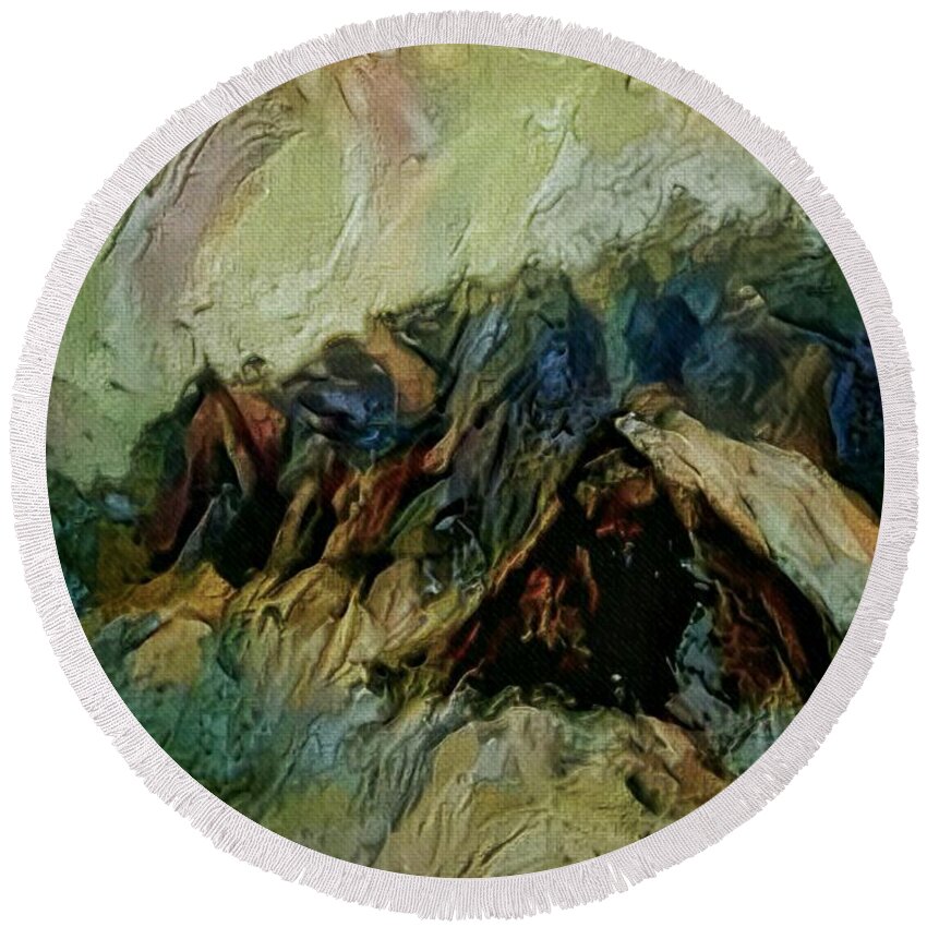 A Chance In The World Movie Round Beach Towel featuring the painting A Chance In The World Movie Dark Barn Crowded Into A Gully Between A Large Rocky Hill And A Grove Of by Mendyz