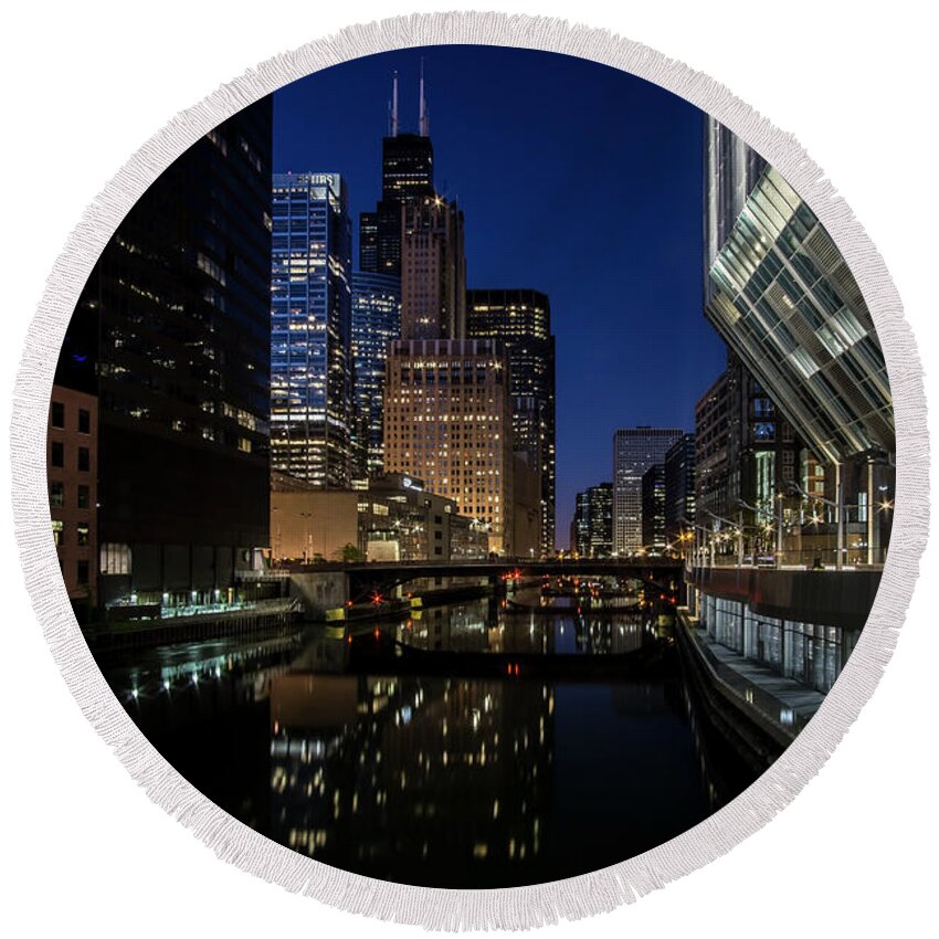 Chicago River Round Beach Towel featuring the photograph A Chicago River and Skyline at blue hour by Sven Brogren