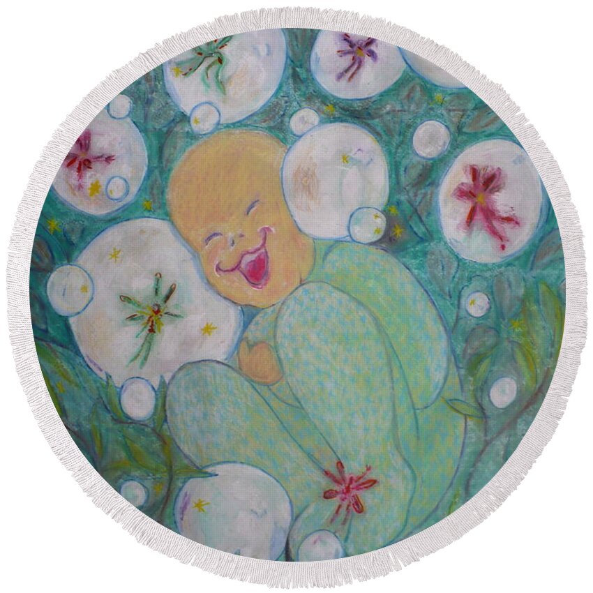 Painting Round Beach Towel featuring the painting A Childs First Laugh by Todd Peterson