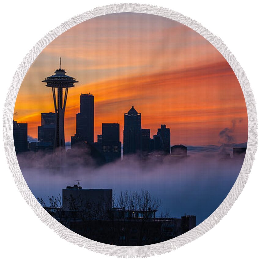 Seattle Round Beach Towel featuring the photograph Seattle A City Emerges by Mike Reid