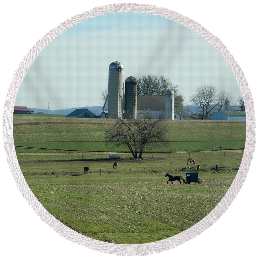 Amish Round Beach Towel featuring the photograph A Clear November Day by Christine Clark