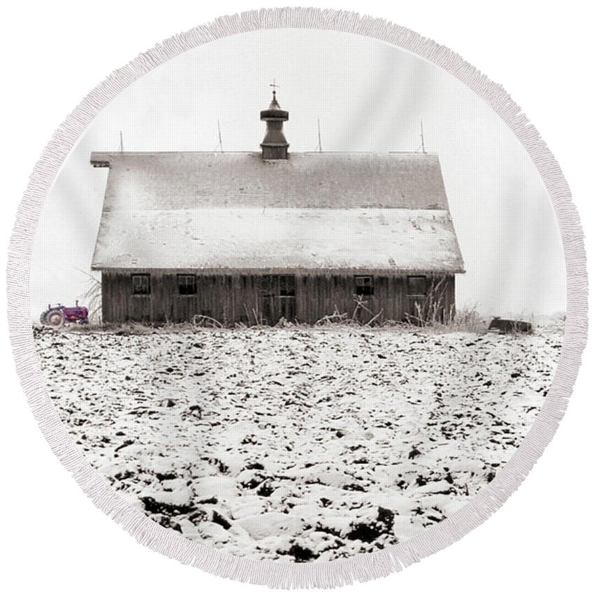 Landscape Round Beach Towel featuring the photograph A Cold Day In Rural Iowa by Ron Long
