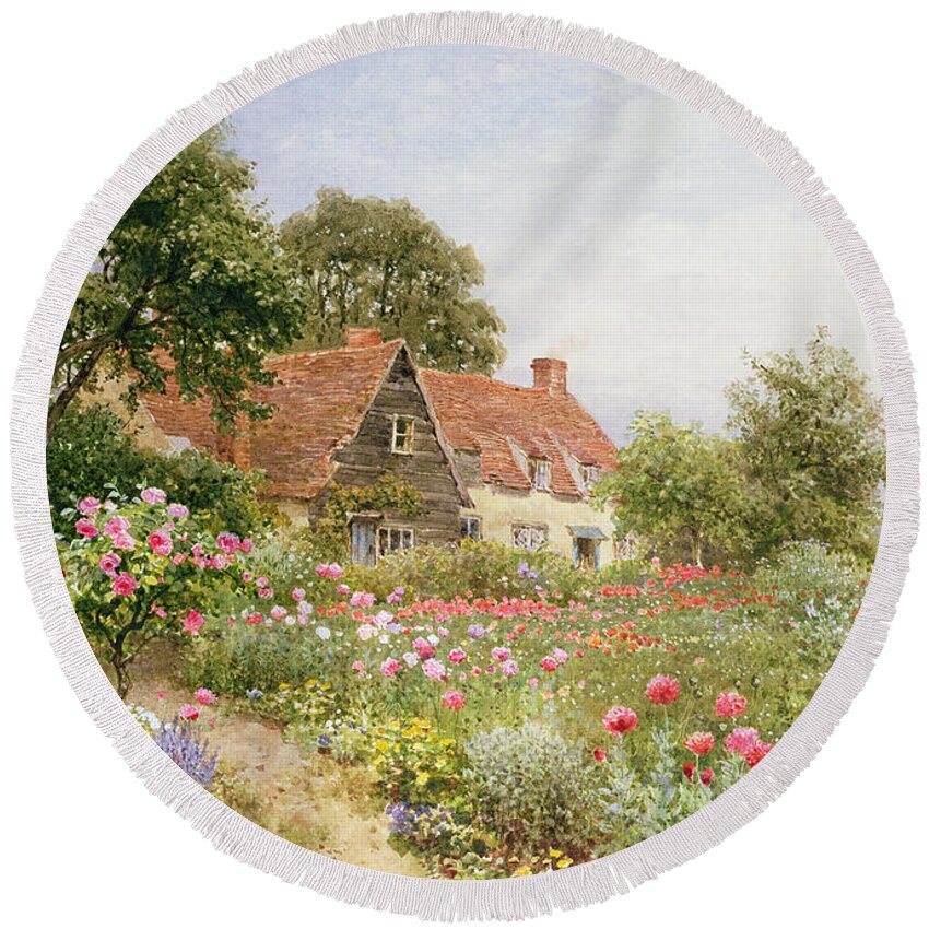 The Cottar's Pride Round Beach Towel featuring the painting A Cottage Garden by Henry Sutton Palmer
