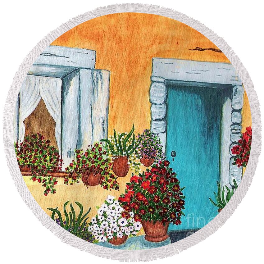 Watercolor Painting Round Beach Towel featuring the painting A Cottage in the Village by Patricia Griffin Brett