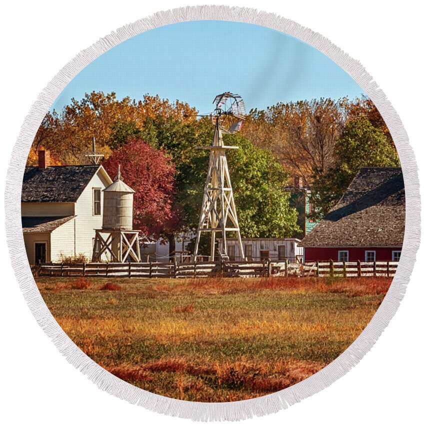Farm Round Beach Towel featuring the photograph A Country Autumn by Susan Rissi Tregoning