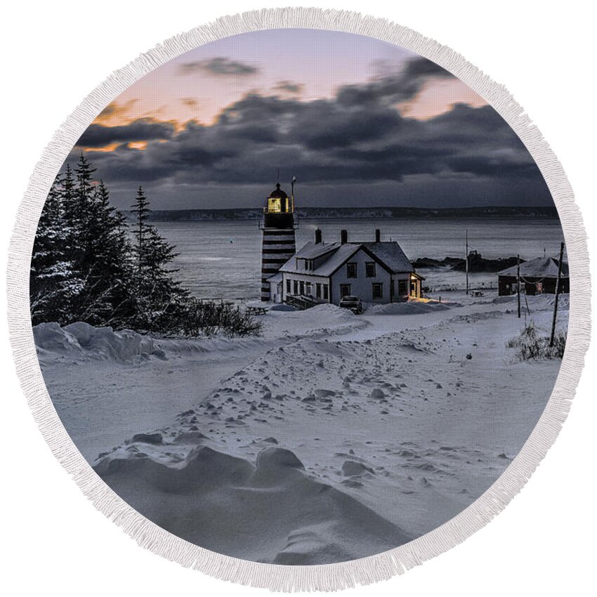 A Crisp Winter Morning At West Quoddy Head Lighthouse Round Beach Towel featuring the photograph A Crisp Winter Morning At West Quoddy Head Lighthouse by Marty Saccone