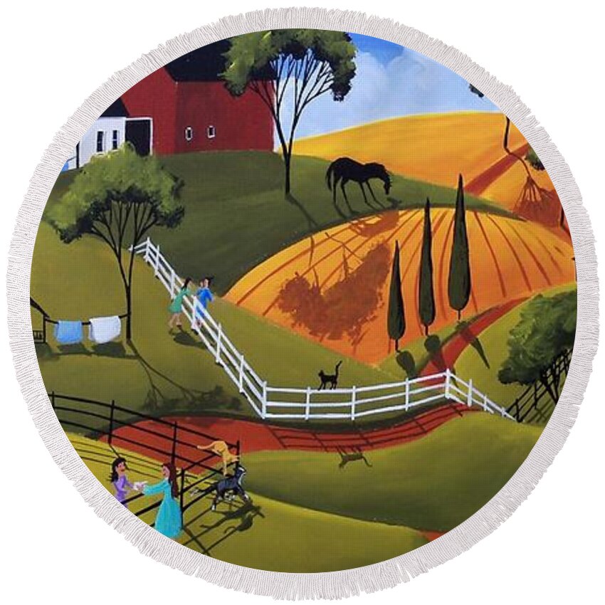 Country Round Beach Towel featuring the painting A Cup Of Sugar And Good Conversation by Debbie Criswell