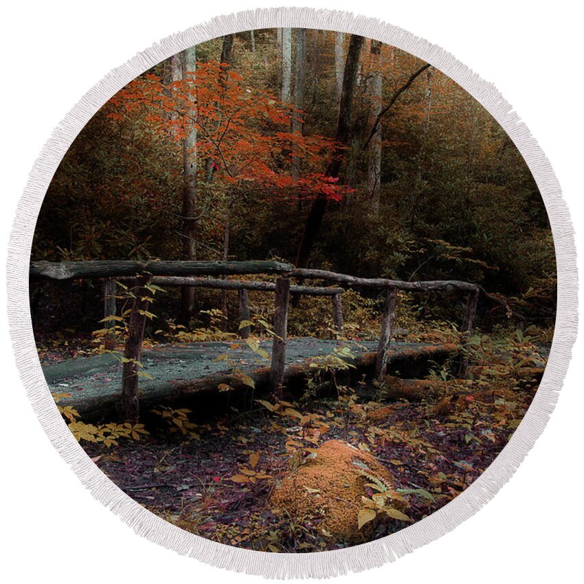 Nature Trail Bridge Round Beach Towel featuring the photograph A Day Hiking by Mike Eingle