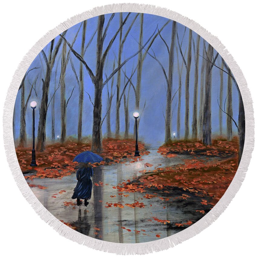  Winter Round Beach Towel featuring the painting A Dreary Autumn Evening 2 by Ken Figurski
