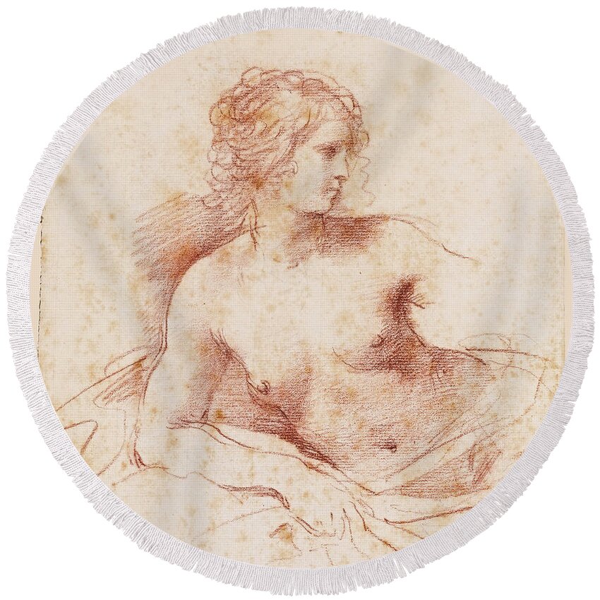 Guercino Round Beach Towel featuring the drawing A female nude looking to the right half length resting her right arm on a cushion by Guercino