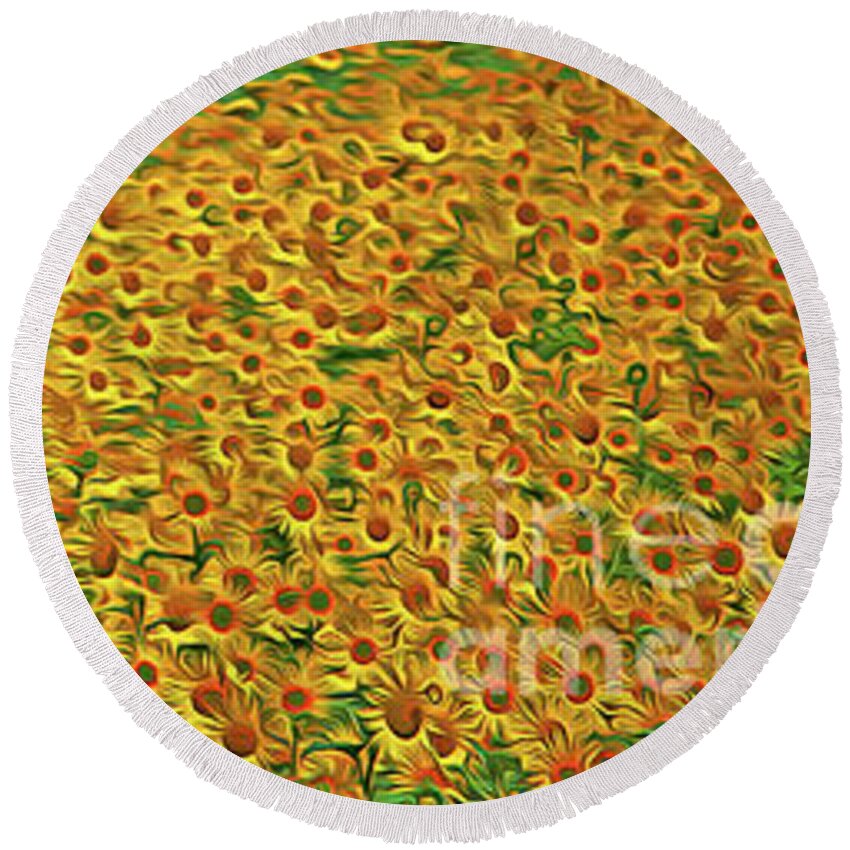 A Field Of Sunflowers Round Beach Towel featuring the digital art A Field of Sunflowers - Spain by Mary Machare