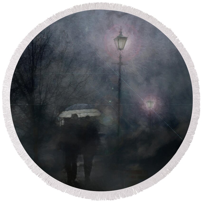 Friends Round Beach Towel featuring the photograph A Foggy Night Romance by LemonArt Photography