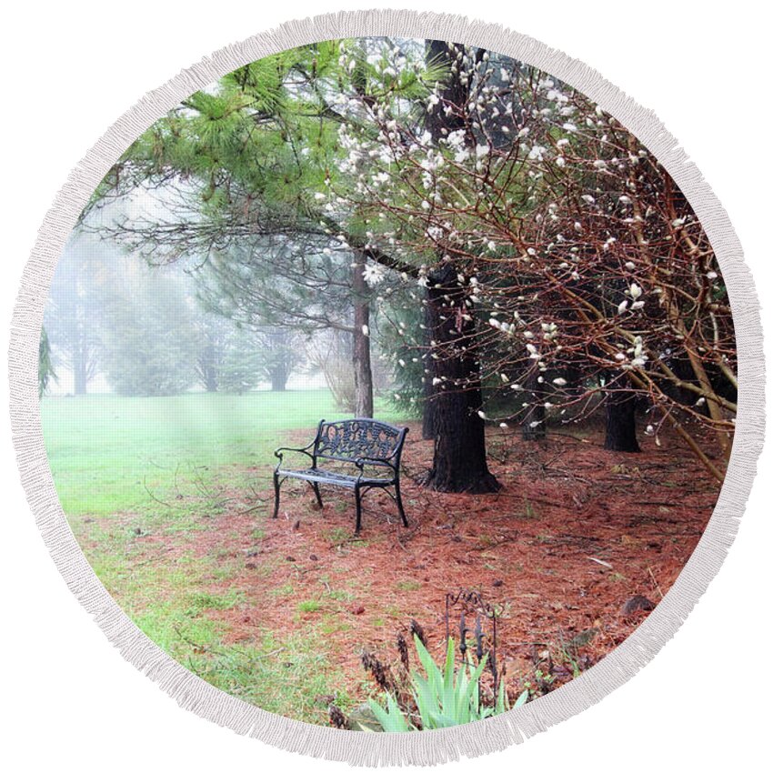 Landscape Round Beach Towel featuring the photograph A Foggy Spring Morning by Trina Ansel