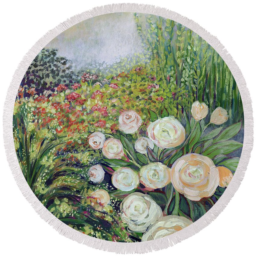 Impressionist Round Beach Towel featuring the painting A Garden Romance by Jennifer Lommers