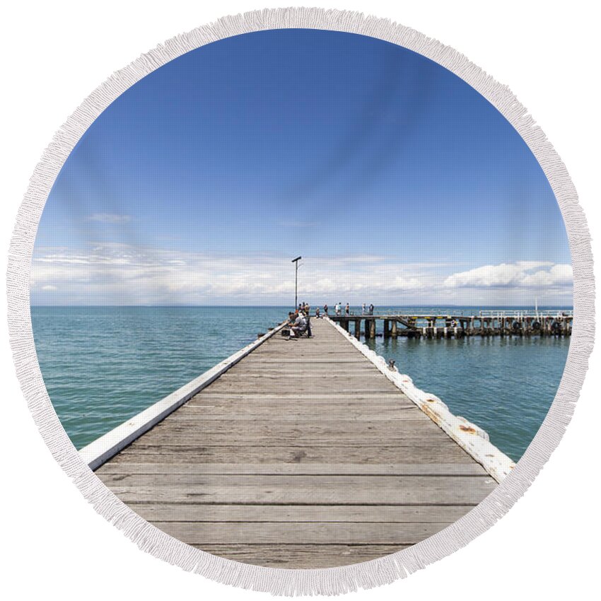 Pier Round Beach Towel featuring the photograph A great day for fishing by Linda Lees