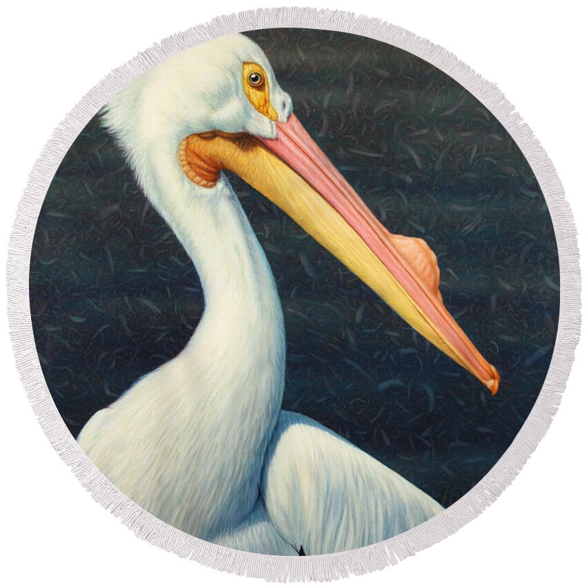 Pelican Round Beach Towel featuring the painting A Great White American Pelican by James W Johnson