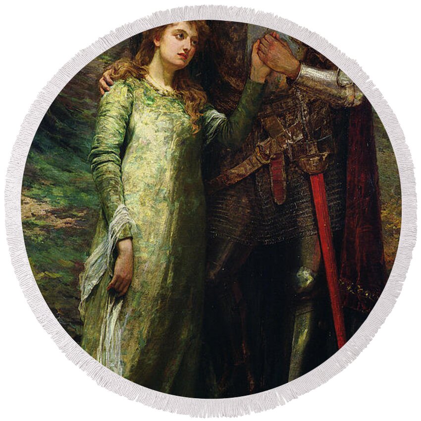 A Knight And His Lady Round Beach Towel featuring the painting A knight and his lady by William G Mackenzie