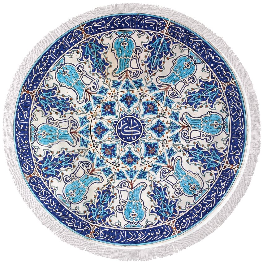 A Kutahya Pottery Coffee Table Top Round Beach Towel featuring the painting A Kutahya pottery coffee table top by Eastern Accents