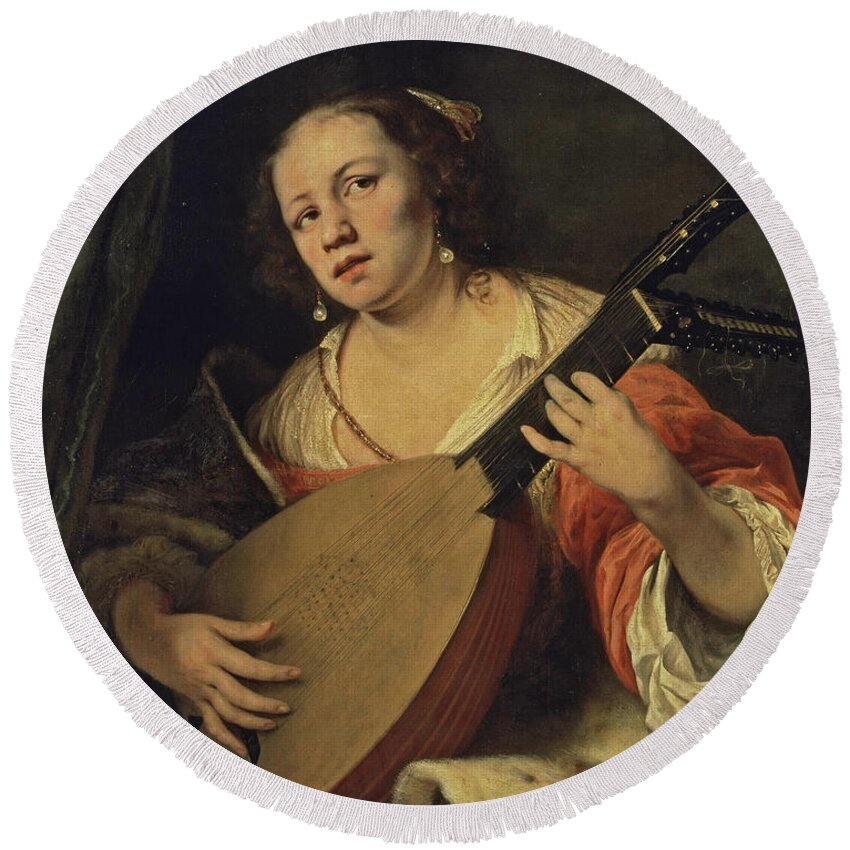 Ferdinand Bol Round Beach Towel featuring the painting A Lady Playing the Lute by Ferdinand Bol