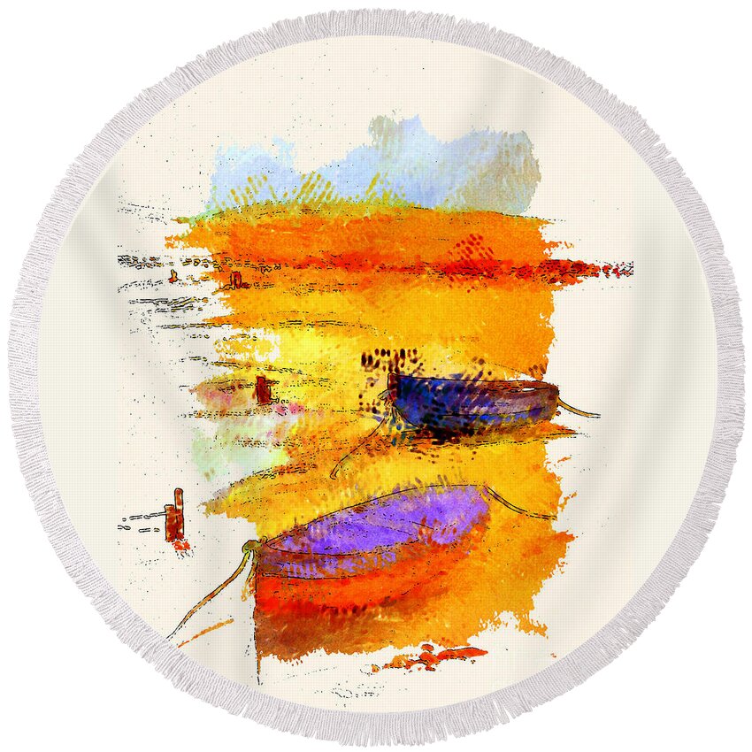 Boats Round Beach Towel featuring the painting A Little Dingy by Julie Lueders 