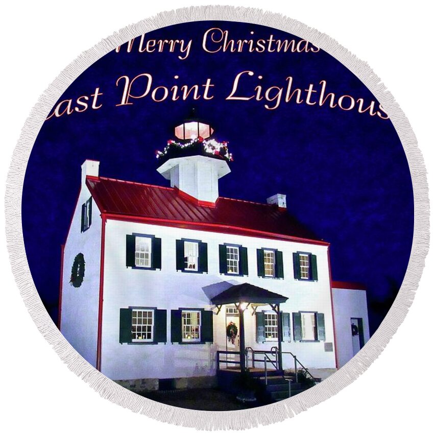East Point Lighthouse Round Beach Towel featuring the mixed media A Merry Christmas at East Point Lighthouse by Nancy Patterson