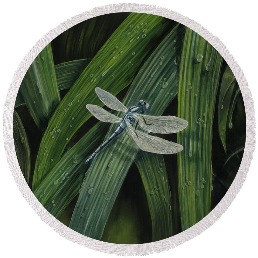 Dragonfly Round Beach Towel featuring the painting A Moment's Respite by Thomas Hamm