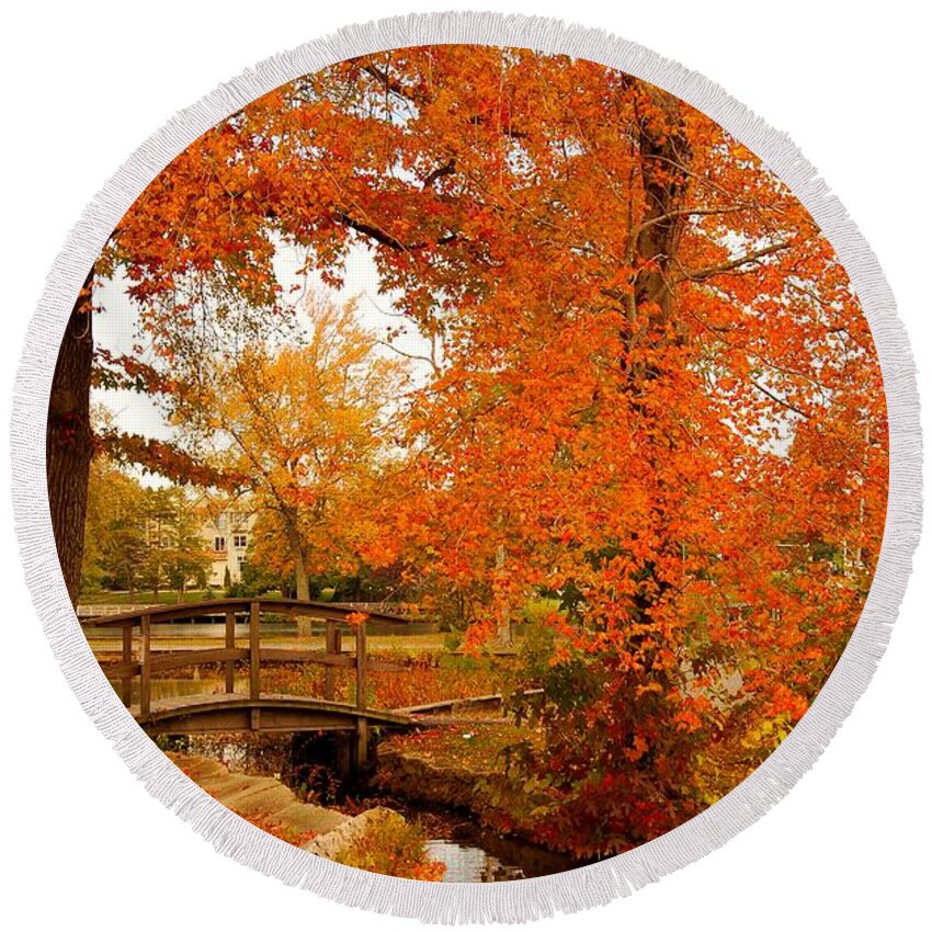 New Jersey Round Beach Towel featuring the photograph A Morning In Autumn - Lake Carasaljo by Angie Tirado