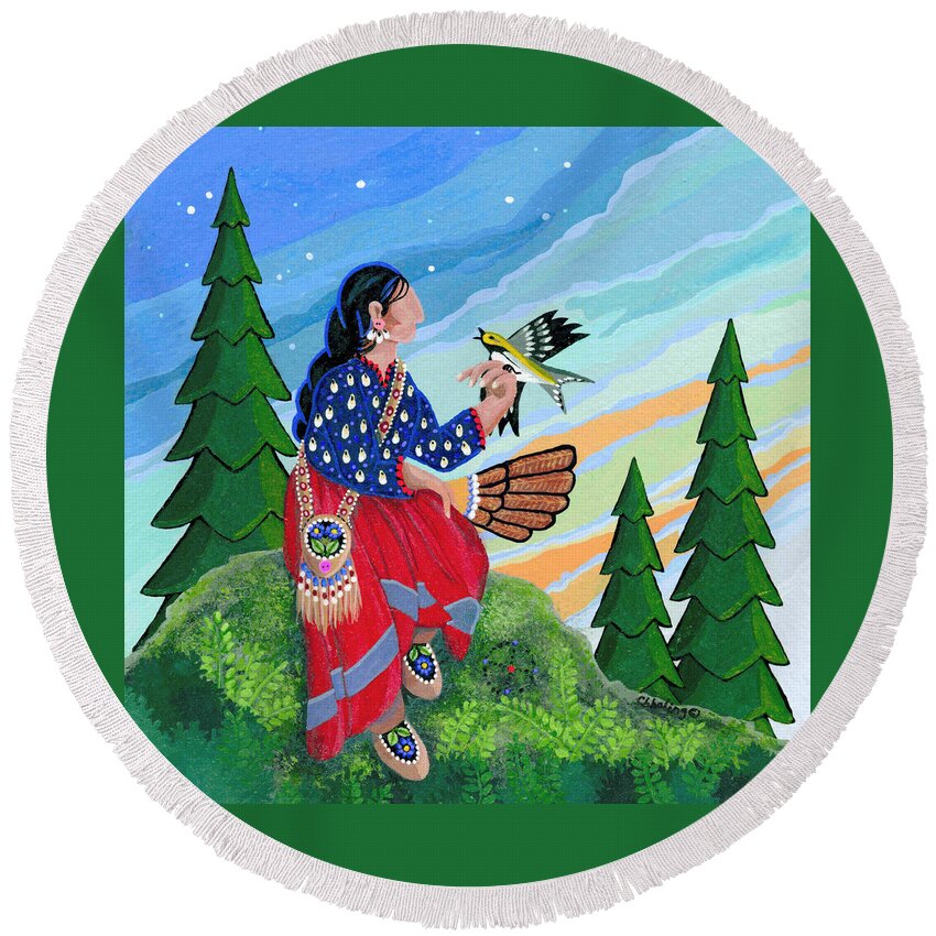 Native Americanart Work Round Beach Towel featuring the painting A New Song Arrives by Chholing Taha