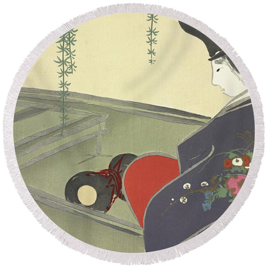Willow Round Beach Towel featuring the painting A Nobleman on a Boat by Kamisaka Sekka