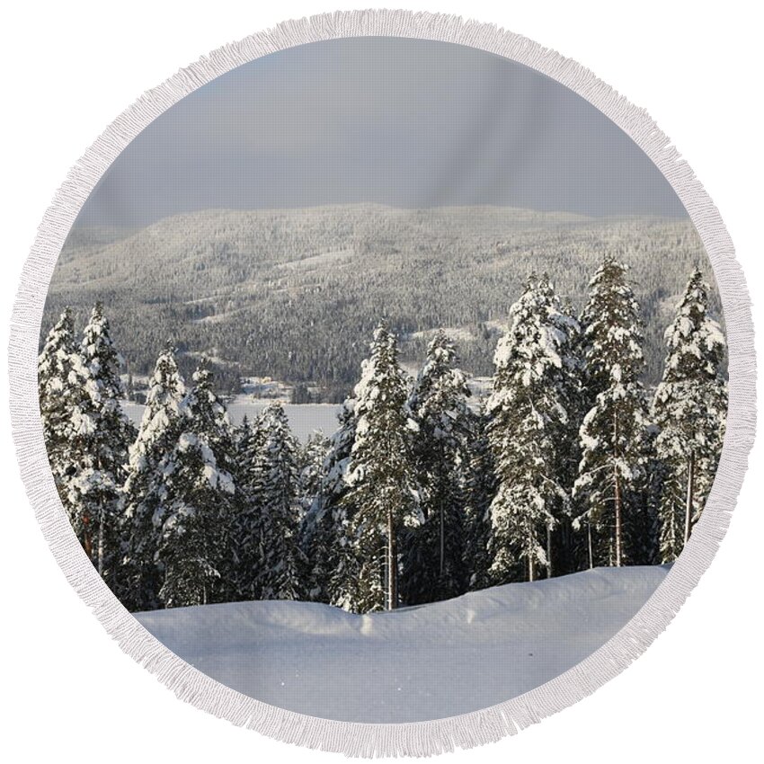 Valley Winter Snow Blue Sky Scandinavia Norway Europe Outdoors Nature Landscape Trees View Round Beach Towel featuring the digital art A Norwegian valley by Jeanette Rode Dybdahl