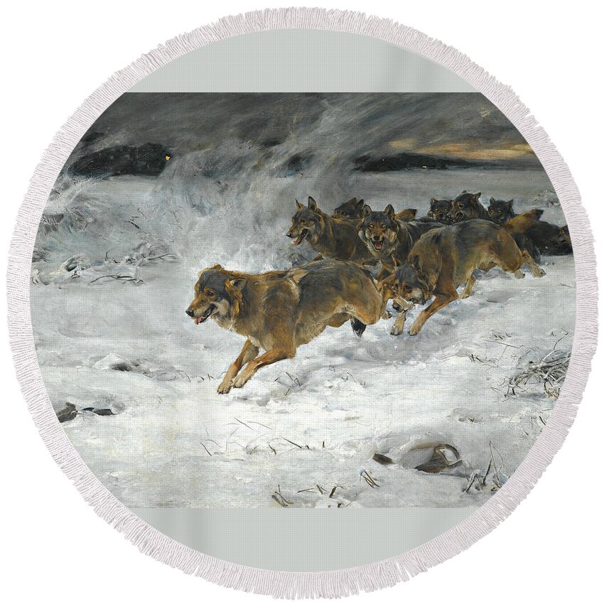 Alfred Kowalski Round Beach Towel featuring the painting A Pack of Wolves by Alfred Kowalski
