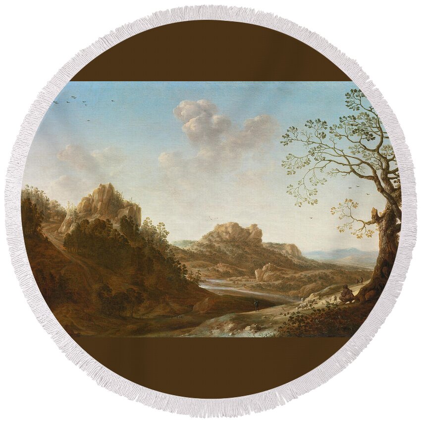 Herman Saftleven Round Beach Towel featuring the painting A panoramic river valley landscape with figures and village below by Herman Saftleven