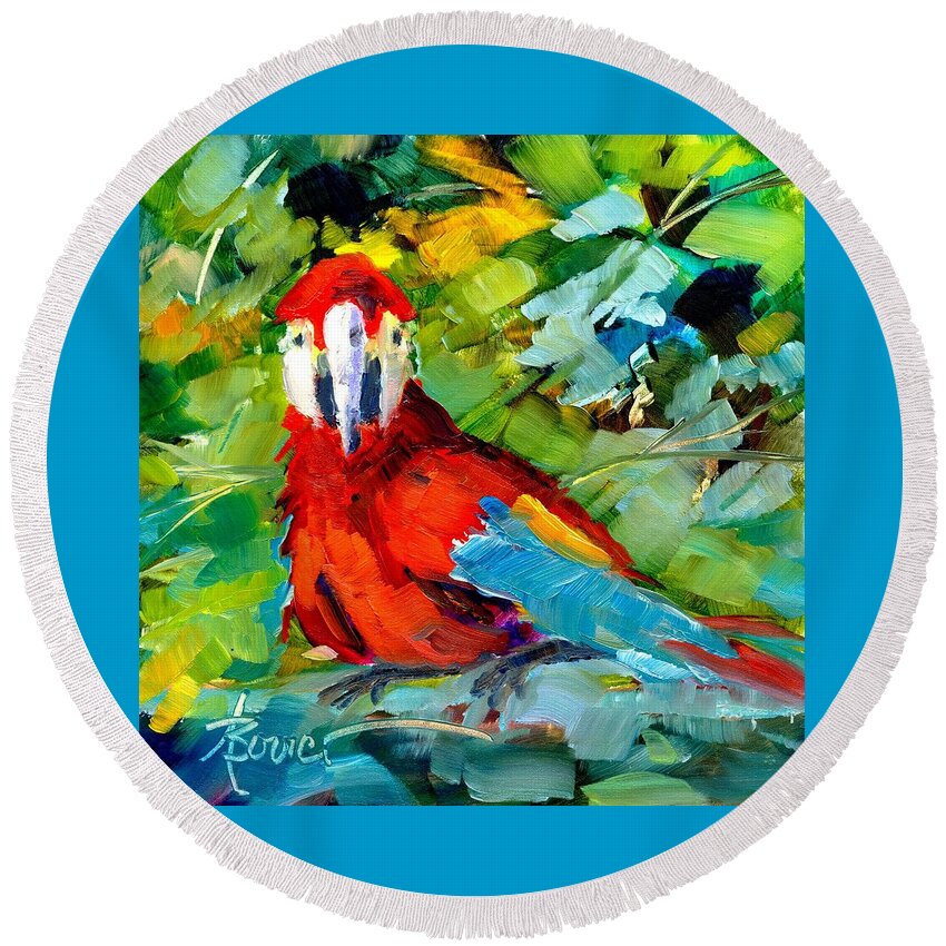 Parrots Round Beach Towel featuring the painting Papagalos by Adele Bower