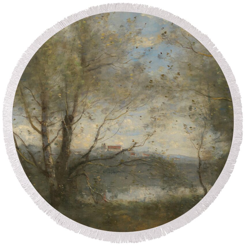 Painting Round Beach Towel featuring the painting A Pond Seen Through The Trees by Mountain Dreams
