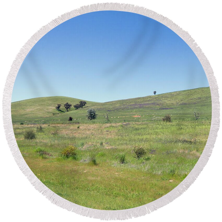 Farm Round Beach Towel featuring the photograph A Quiet Interlude by Linda Lees