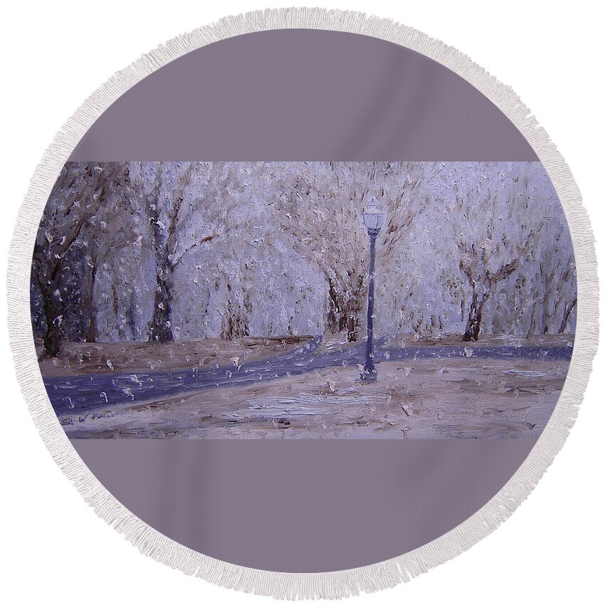 Snow Round Beach Towel featuring the painting A Quiet Snow by Daniel W Green
