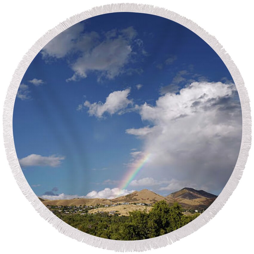 Rainbow Round Beach Towel featuring the photograph A Rainbow in Salt Lake City by Rona Black