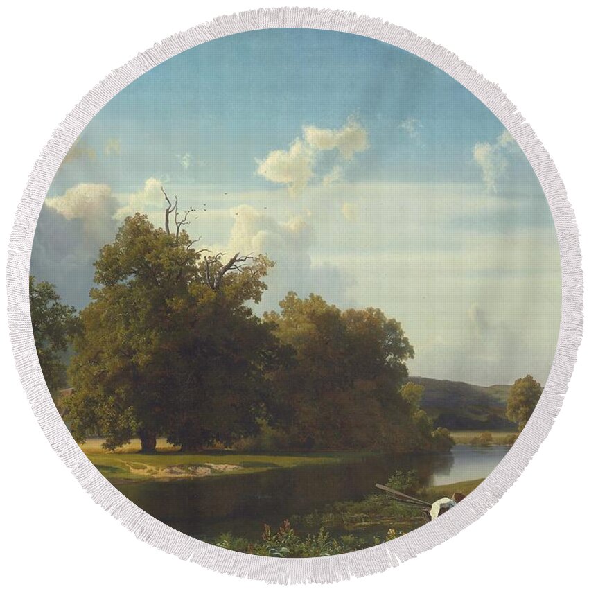 Landscape; Romantic; Romanticist; German; Germany; Westphalia; Westphalian; River; Riverscape; Landscape; Rural; Countryside; Scenic; Picturesque; Atmospheric; Riverbank; Boat; Calm; Peaceful; Atmospheric; Warm; Sunny; Blue Sky Round Beach Towel featuring the painting A river landscape Westphalia by Albert Bierstadt