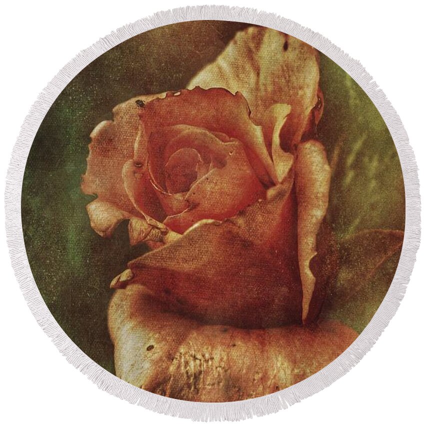 # A Rose From Long Go # Photograph# Texturer #season # Garden# Rosebush#colos#browns# Gold#green # Peach #nature#photonature # Layers # Flower # Boom# Framed # Tote Bag # Weekend Bag # Beach Towels # Canvas# Print# Poster# Battery Case # Phonecase # Duvet Cover # Shower Curtain # T Stirt # Yoga Mat # Blanket #mug#card# Metal #notebook  Round Beach Towel featuring the mixed media A Rose From Long Ago by MaryLee Parker