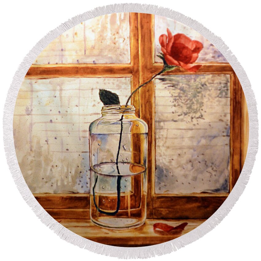 Rose Round Beach Towel featuring the painting A rose in a glass jar on a rainy day by Christopher Shellhammer