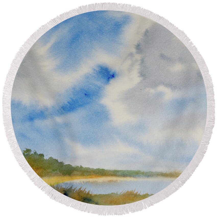 Beach Round Beach Towel featuring the painting A secluded Inlet beneath billowing clouds by Dorothy Darden