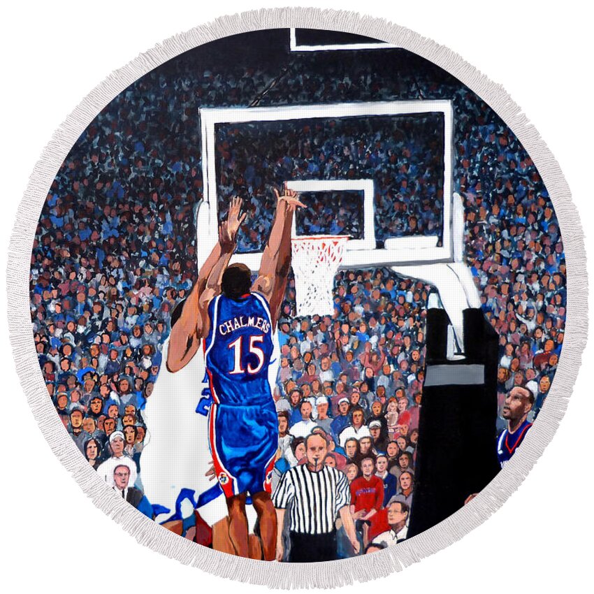 Jayhawks Round Beach Towel featuring the painting A Shot to Remember - 2008 National Champions by Tom Roderick