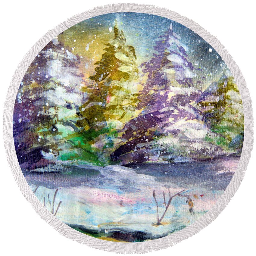 Christmas Round Beach Towel featuring the painting A Silent Night by Mindy Newman