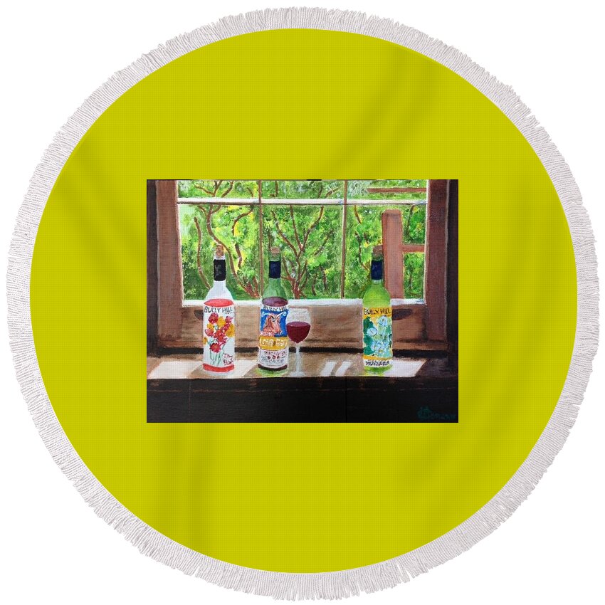 Bully Hill Wine Bottles Round Beach Towel featuring the painting A Sip in Time by Cynthia Morgan