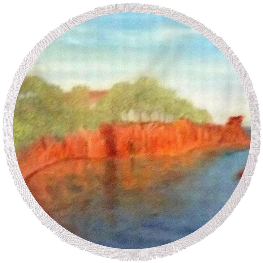 Sea Round Beach Towel featuring the painting A Small Inlet Bay With Red Orange Rocks by Peter Gartner