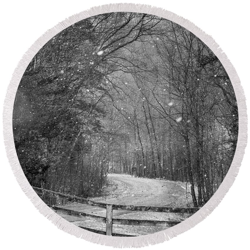Daniel Boone National Forrest Round Beach Towel featuring the photograph A Snowy Lane by Randall Evans