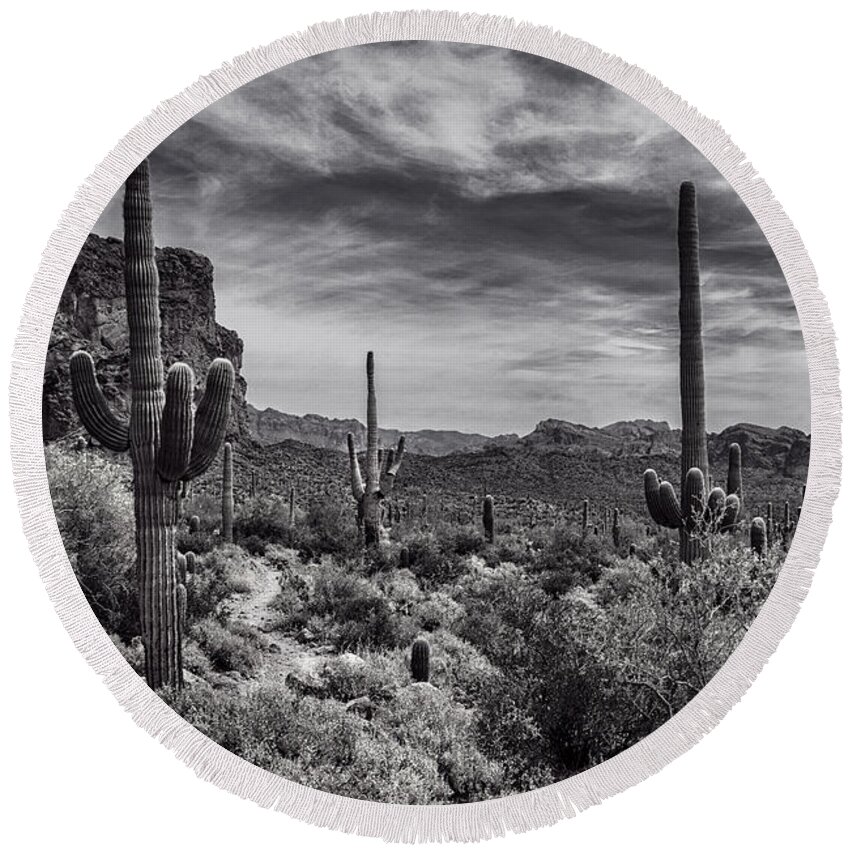Arizona Round Beach Towel featuring the photograph A Morning Hike in the Superstition in Black and White by Saija Lehtonen