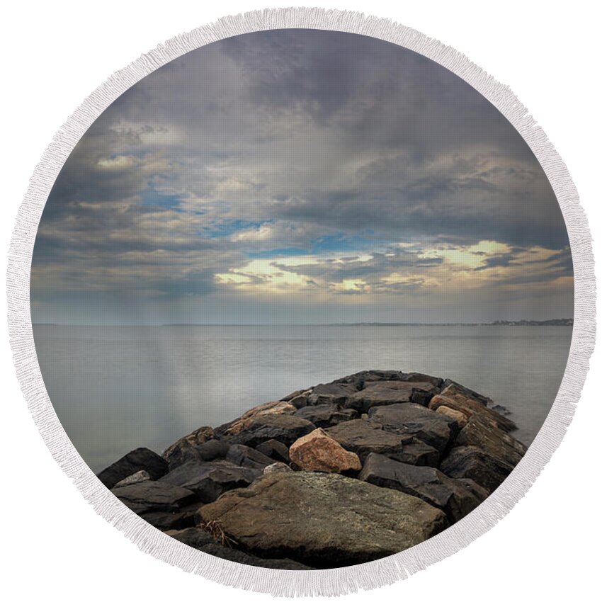Jetty Round Beach Towel featuring the photograph A storm from the west by Steve Gravano