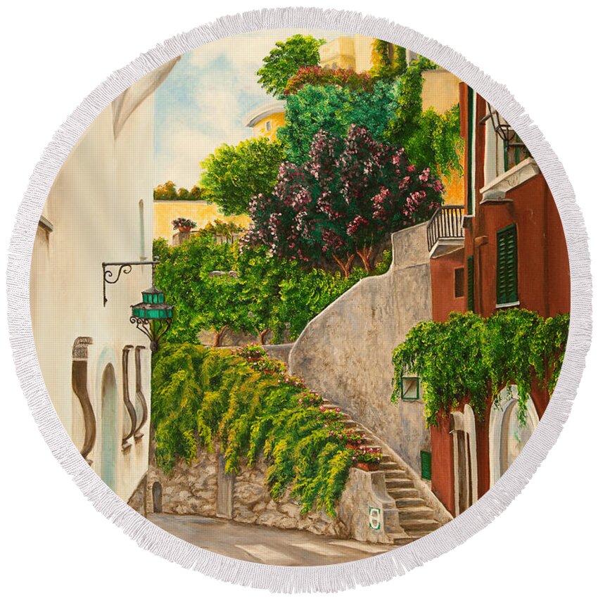 Italy Street Painting Round Beach Towel featuring the painting A Street in Positano by Charlotte Blanchard