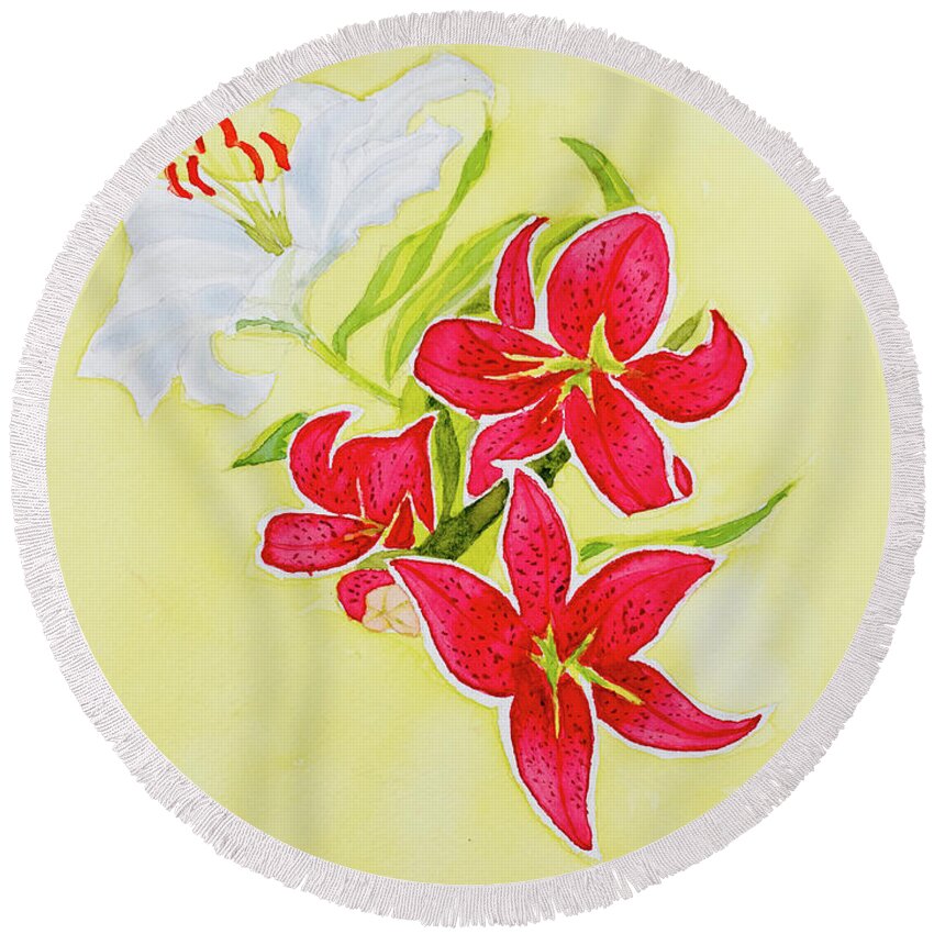 Bouquet Round Beach Towel featuring the painting A study of Lilies by Dorothy Darden